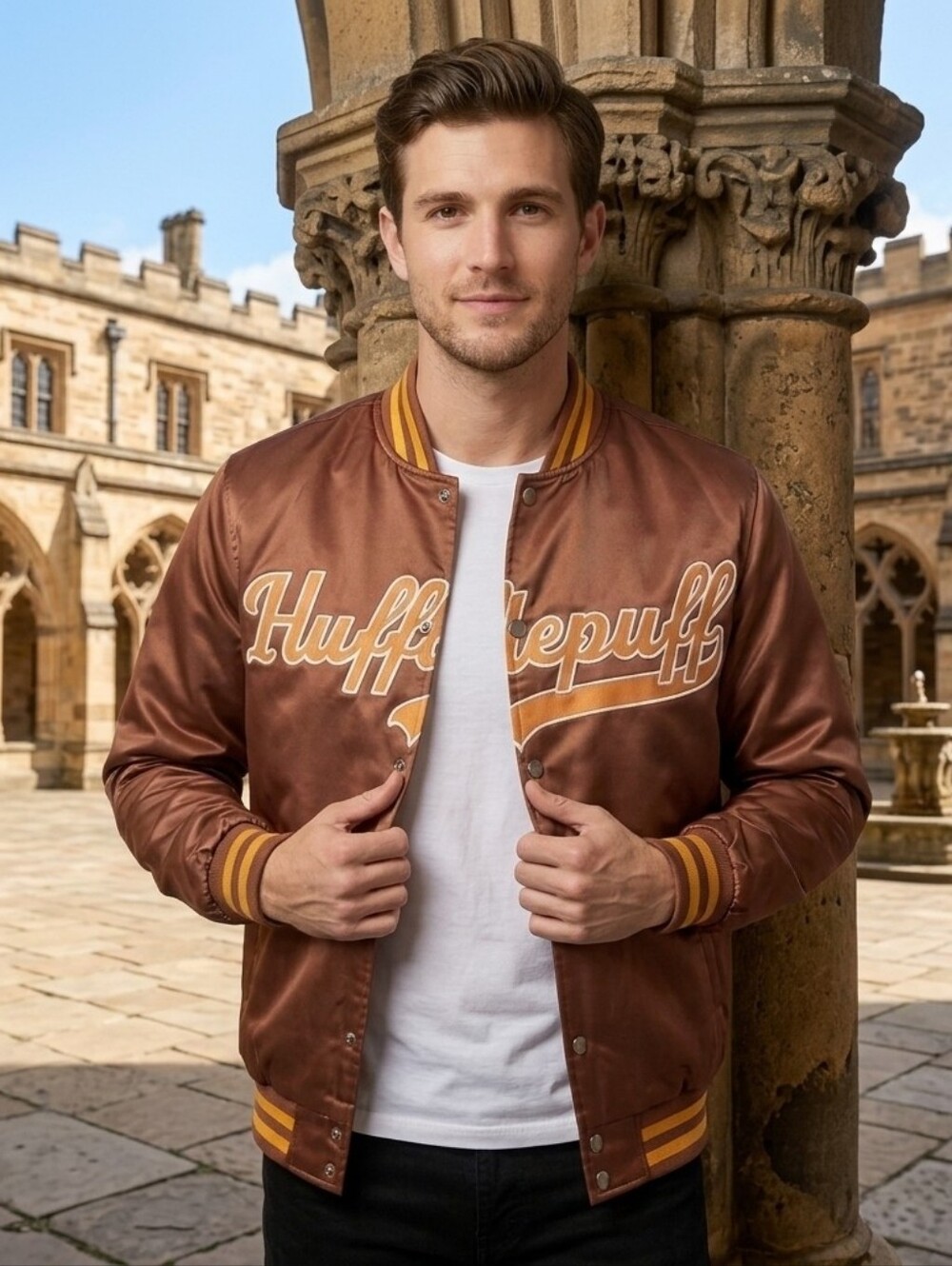 Authentic BoxLunch Exclusive Harry Potter Hufflepuff Satin Varsity Bomber Jacket